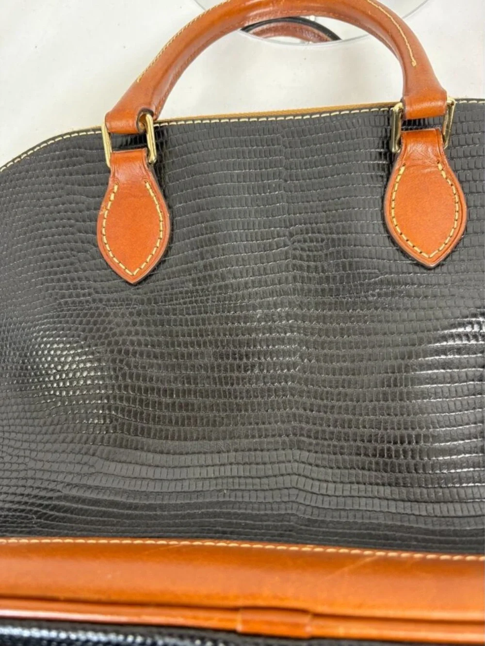 Dooney & Bourke Black Lizard-Embossed Satchel with Tan Trim